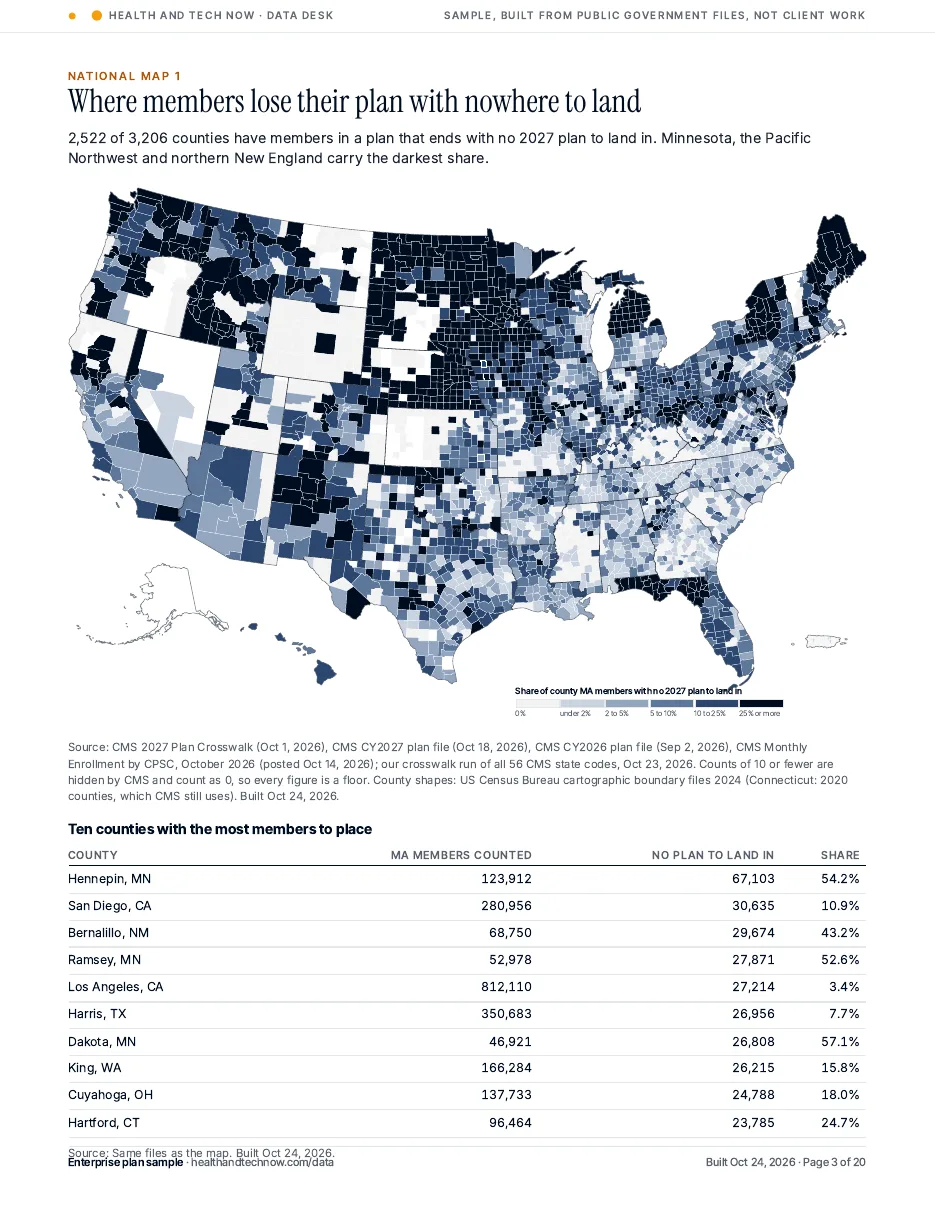 National county map: share of Medicare Advantage members with no 2027 plan in their county, with the top 10 counties