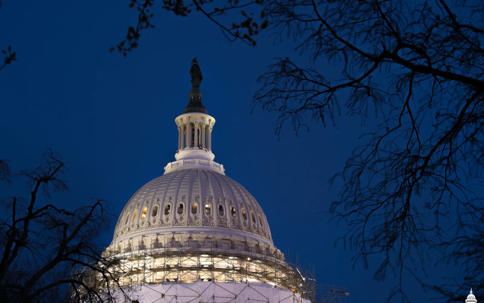 The U.S. Capitol dome lit up at night against a dark blue sky